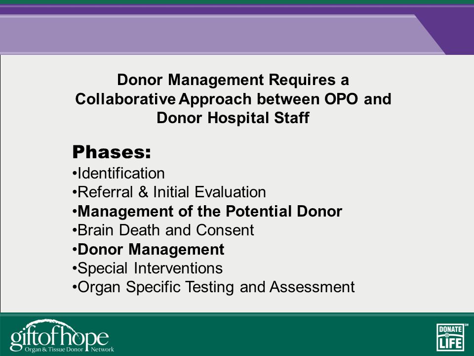 Donor Management Requires a Collaborative Approach between OPO and Donor Hospital Staff Phases: Identification Referral & Initial Evaluation Management of the Potential Donor Brain Death and Consent Donor Management Special Interventions Organ Specific Testing and Assessment
