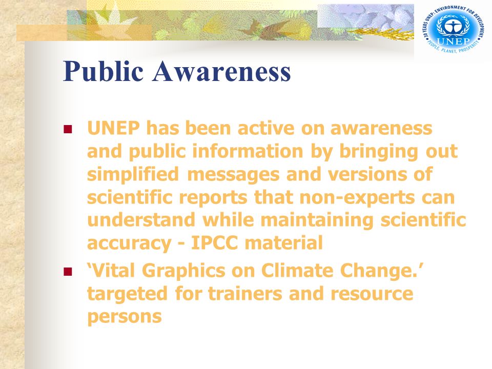 Public Awareness UNEP has been active on awareness and public information by bringing out simplified messages and versions of scientific reports that non-experts can understand while maintaining scientific accuracy - IPCC material ‘Vital Graphics on Climate Change.’ targeted for trainers and resource persons