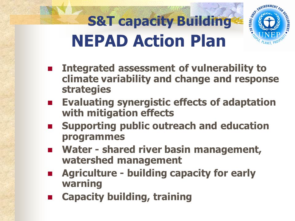 S&T capacity Building NEPAD Action Plan Integrated assessment of vulnerability to climate variability and change and response strategies Evaluating synergistic effects of adaptation with mitigation effects Supporting public outreach and education programmes Water - shared river basin management, watershed management Agriculture - building capacity for early warning Capacity building, training