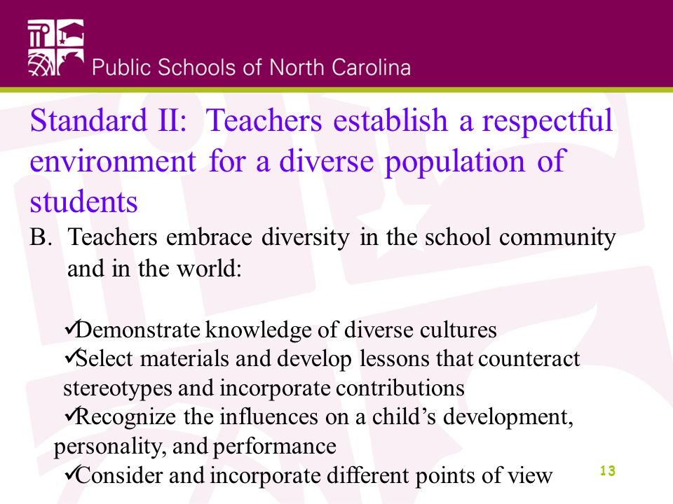 13 Standard II: Teachers establish a respectful environment for a diverse population of students B.Teachers embrace diversity in the school community and in the world: Demonstrate knowledge of diverse cultures Select materials and develop lessons that counteract stereotypes and incorporate contributions Recognize the influences on a child’s development, personality, and performance Consider and incorporate different points of view