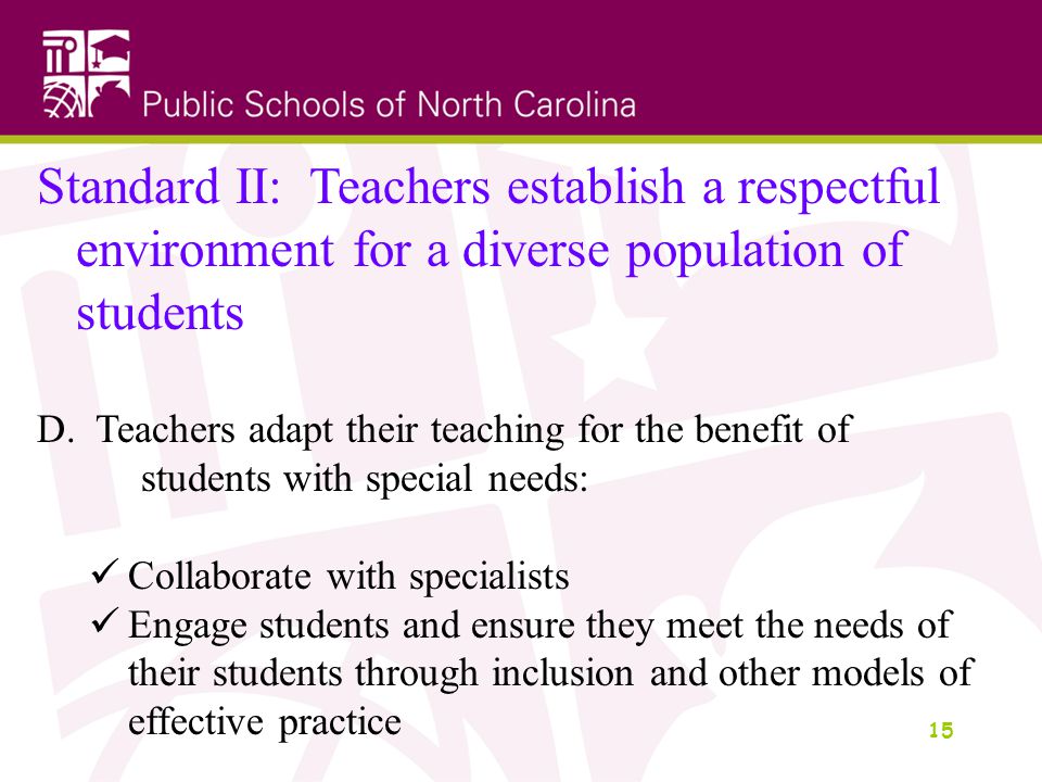 15 Standard II: Teachers establish a respectful environment for a diverse population of students D.