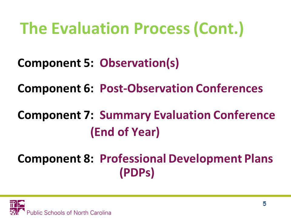 The Evaluation Process (Cont.) Component 5: Observation(s) Component 6: Post-Observation Conferences Component 7: Summary Evaluation Conference (End of Year) Component 8: Professional Development Plans (PDPs) 5