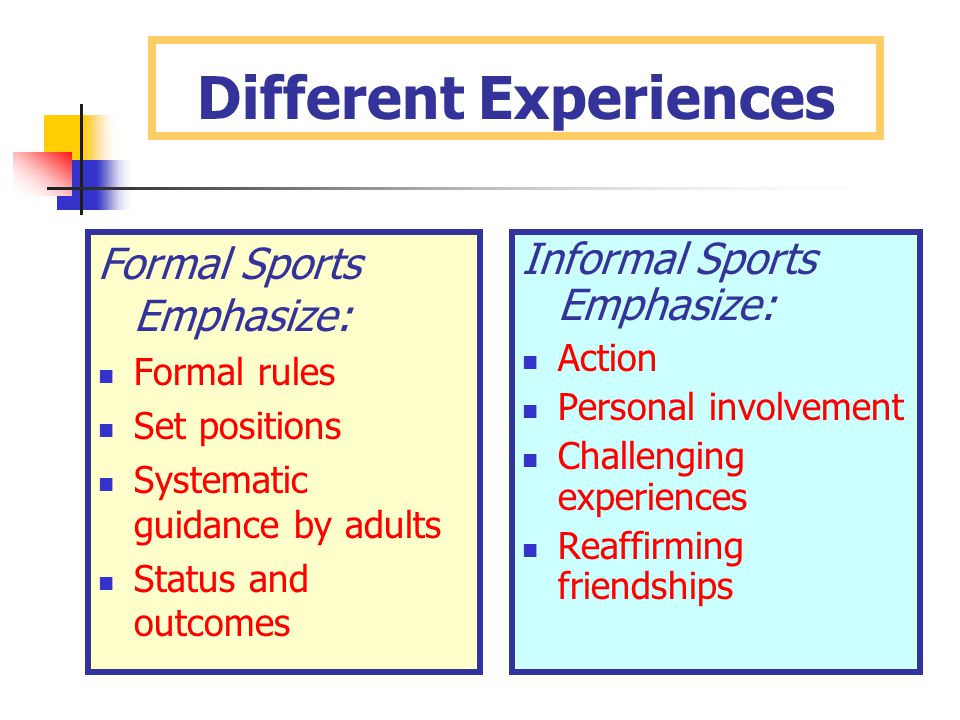 Different Experiences Formal Sports Emphasize: Formal rules Set positions Systematic guidance by adults Status and outcomes Informal Sports Emphasize: Action Personal involvement Challenging experiences Reaffirming friendships