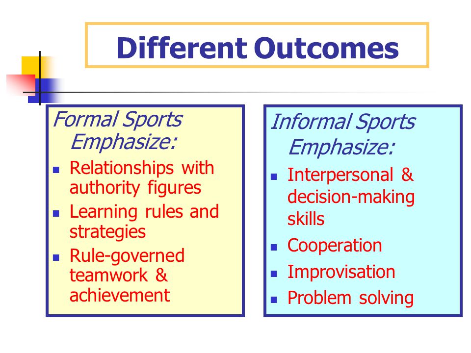 Different Outcomes Formal Sports Emphasize: Relationships with authority figures Learning rules and strategies Rule-governed teamwork & achievement Informal Sports Emphasize: Interpersonal & decision-making skills Cooperation Improvisation Problem solving