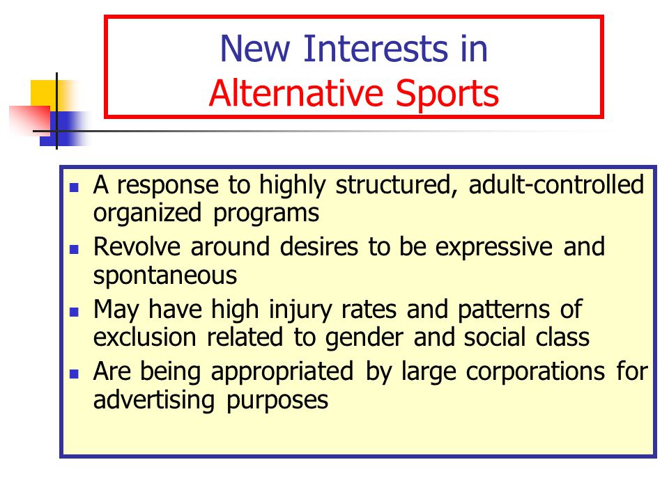 New Interests in Alternative Sports A response to highly structured, adult-controlled organized programs Revolve around desires to be expressive and spontaneous May have high injury rates and patterns of exclusion related to gender and social class Are being appropriated by large corporations for advertising purposes