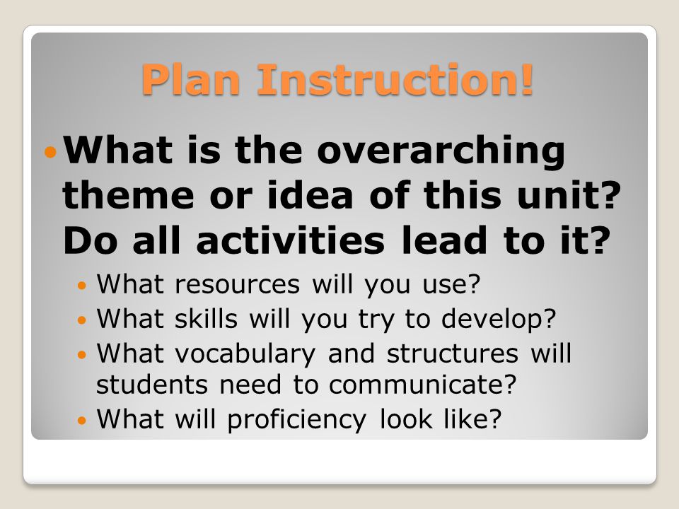 Plan Instruction. What resources will you use. What skills will you try to develop.