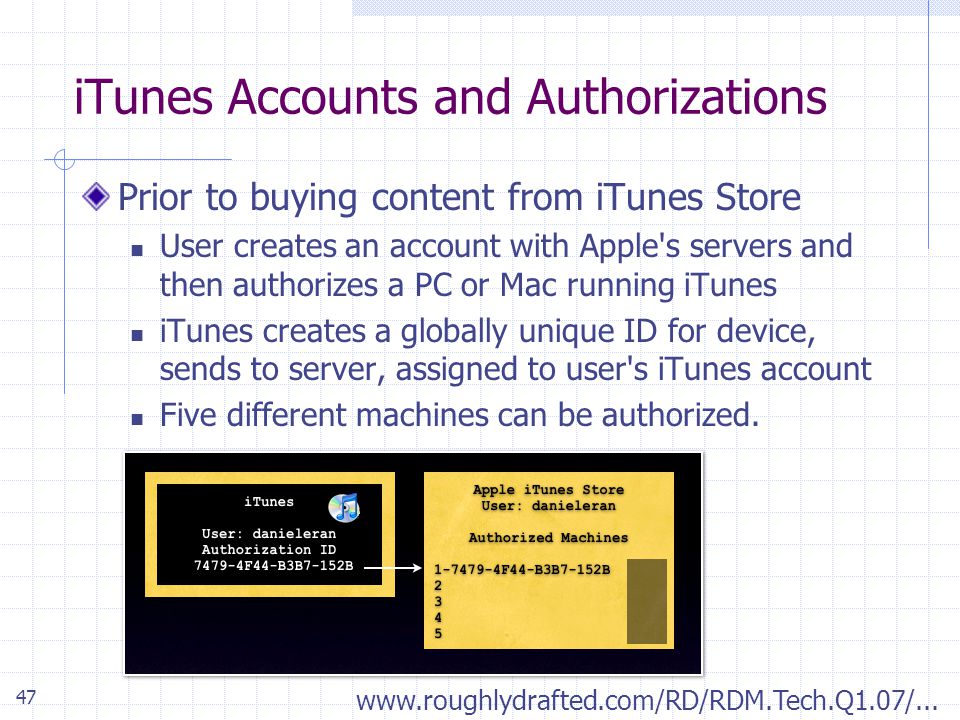 47 iTunes Accounts and Authorizations Prior to buying content from iTunes Store User creates an account with Apple s servers and then authorizes a PC or Mac running iTunes iTunes creates a globally unique ID for device, sends to server, assigned to user s iTunes account Five different machines can be authorized.