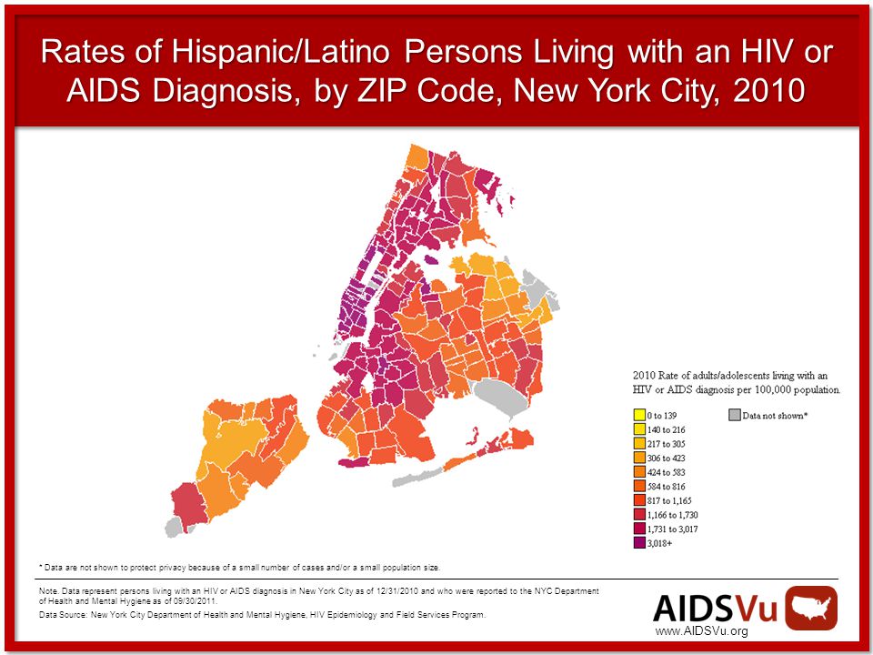 Rates of Hispanic/Latino Persons Living with an HIV or AIDS Diagnosis, by ZIP Code, New York City, 2010 Note.
