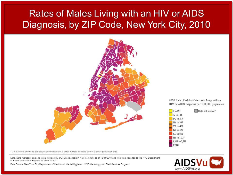 Rates of Males Living with an HIV or AIDS Diagnosis, by ZIP Code, New York City, 2010 Note.