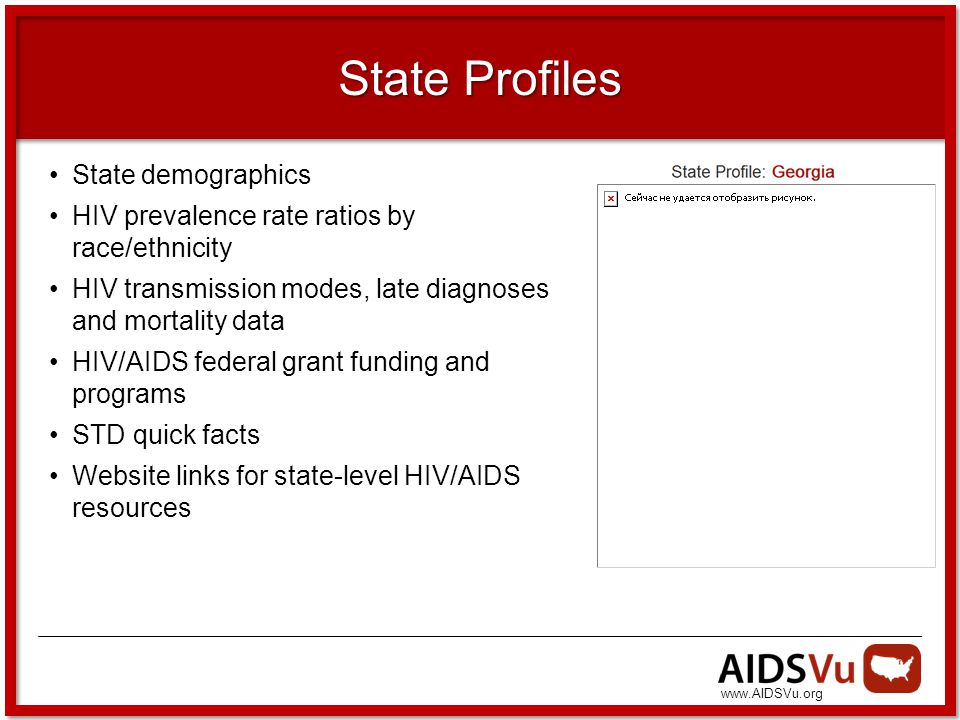 State Profiles State demographics HIV prevalence rate ratios by race/ethnicity HIV transmission modes, late diagnoses and mortality data HIV/AIDS federal grant funding and programs STD quick facts Website links for state-level HIV/AIDS resources