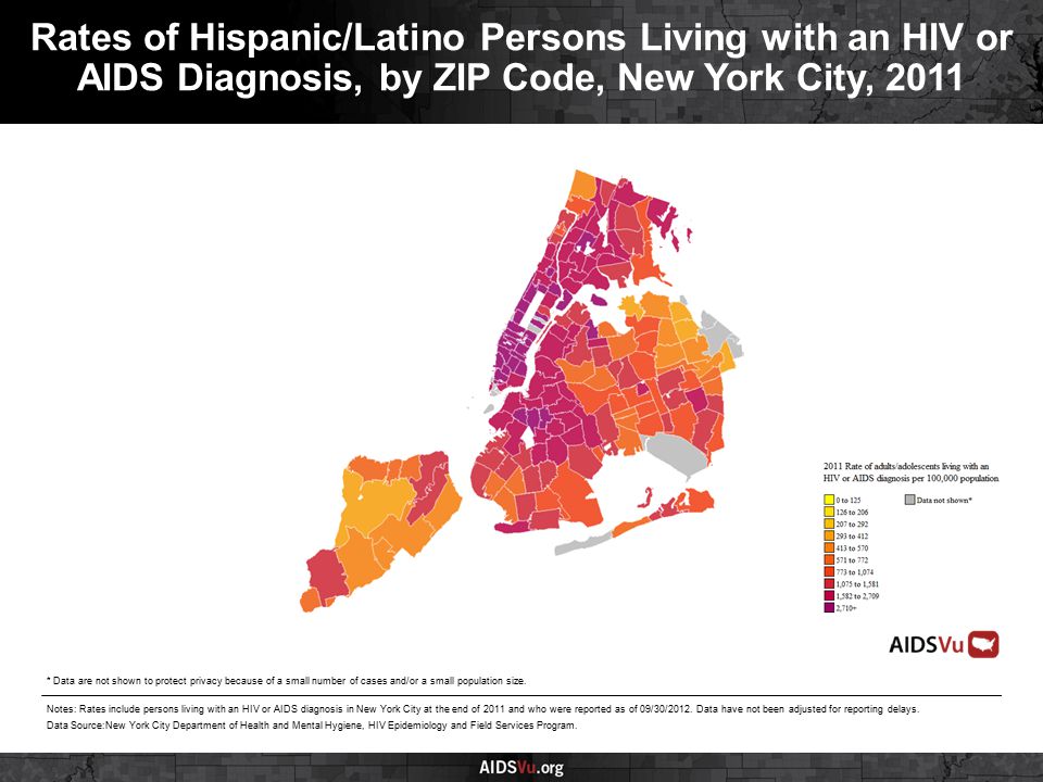 Rates of Hispanic/Latino Persons Living with an HIV or AIDS Diagnosis, by ZIP Code, New York City, 2011 Notes: Rates include persons living with an HIV or AIDS diagnosis in New York City at the end of 2011 and who were reported as of 09/30/2012.