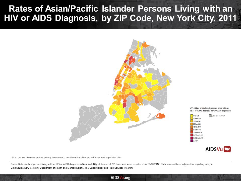 Rates of Asian/Pacific Islander Persons Living with an HIV or AIDS Diagnosis, by ZIP Code, New York City, 2011 Notes: Rates include persons living with an HIV or AIDS diagnosis in New York City at the end of 2011 and who were reported as of 09/30/2012.
