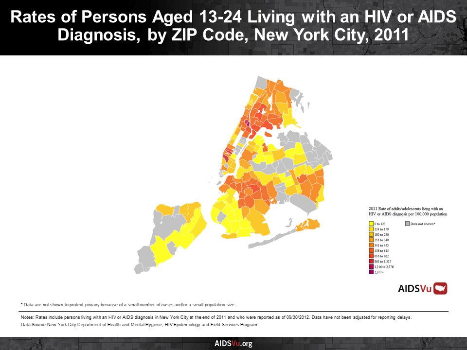 Rates of Persons Aged Living with an HIV or AIDS Diagnosis, by ZIP Code, New York City, 2011 Notes: Rates include persons living with an HIV or AIDS diagnosis in New York City at the end of 2011 and who were reported as of 09/30/2012.