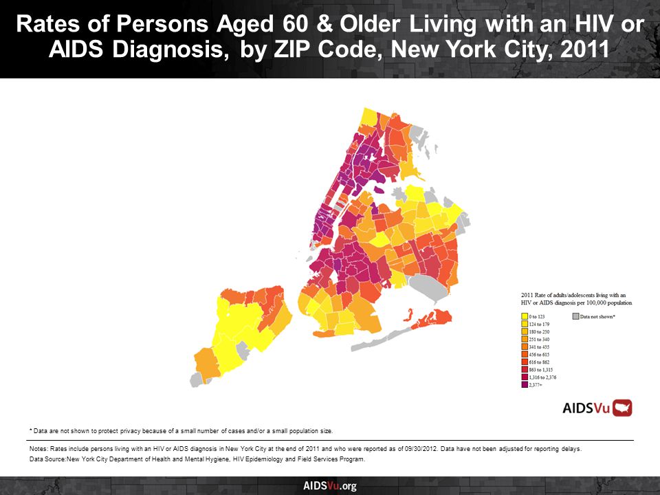 Rates of Persons Aged 60 & Older Living with an HIV or AIDS Diagnosis, by ZIP Code, New York City, 2011 Notes: Rates include persons living with an HIV or AIDS diagnosis in New York City at the end of 2011 and who were reported as of 09/30/2012.