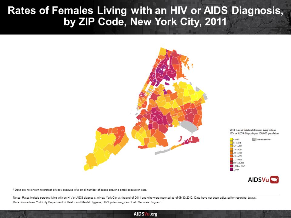 Rates of Females Living with an HIV or AIDS Diagnosis, by ZIP Code, New York City, 2011 Notes: Rates include persons living with an HIV or AIDS diagnosis in New York City at the end of 2011 and who were reported as of 09/30/2012.