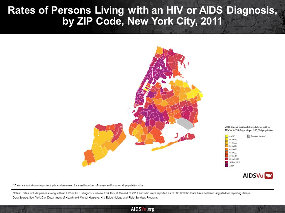 Rates of Persons Living with an HIV or AIDS Diagnosis, by ZIP Code, New York City, 2011 Notes: Rates include persons living with an HIV or AIDS diagnosis in New York City at the end of 2011 and who were reported as of 09/30/2012.