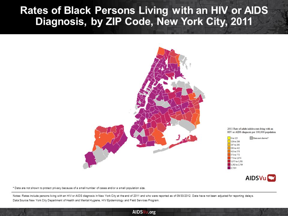 Rates of Black Persons Living with an HIV or AIDS Diagnosis, by ZIP Code, New York City, 2011 Notes: Rates include persons living with an HIV or AIDS diagnosis in New York City at the end of 2011 and who were reported as of 09/30/2012.