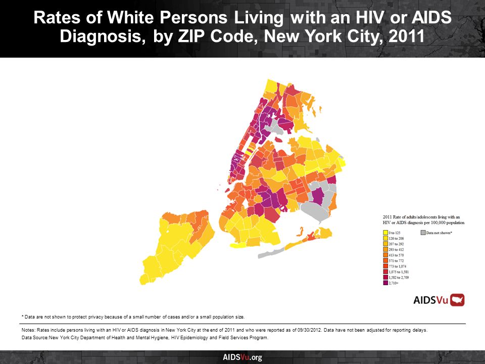 Rates of White Persons Living with an HIV or AIDS Diagnosis, by ZIP Code, New York City, 2011 Notes: Rates include persons living with an HIV or AIDS diagnosis in New York City at the end of 2011 and who were reported as of 09/30/2012.