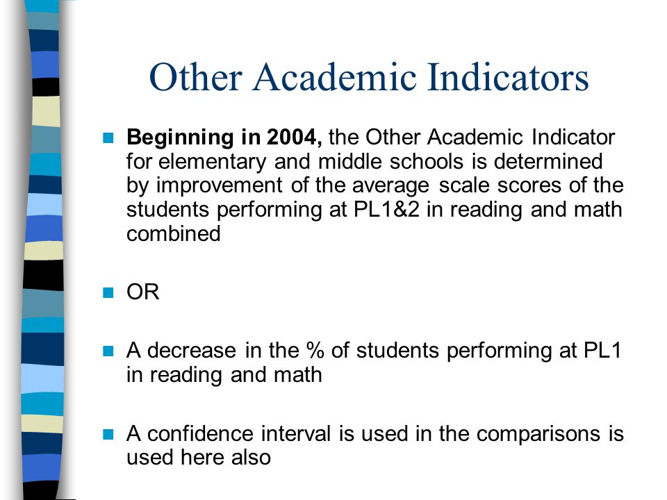 Other Academic Indicators Beginning in 2004, the Other Academic Indicator for elementary and middle schools is determined by improvement of the average scale scores of the students performing at PL1&2 in reading and math combined OR A decrease in the % of students performing at PL1 in reading and math A confidence interval is used in the comparisons is used here also