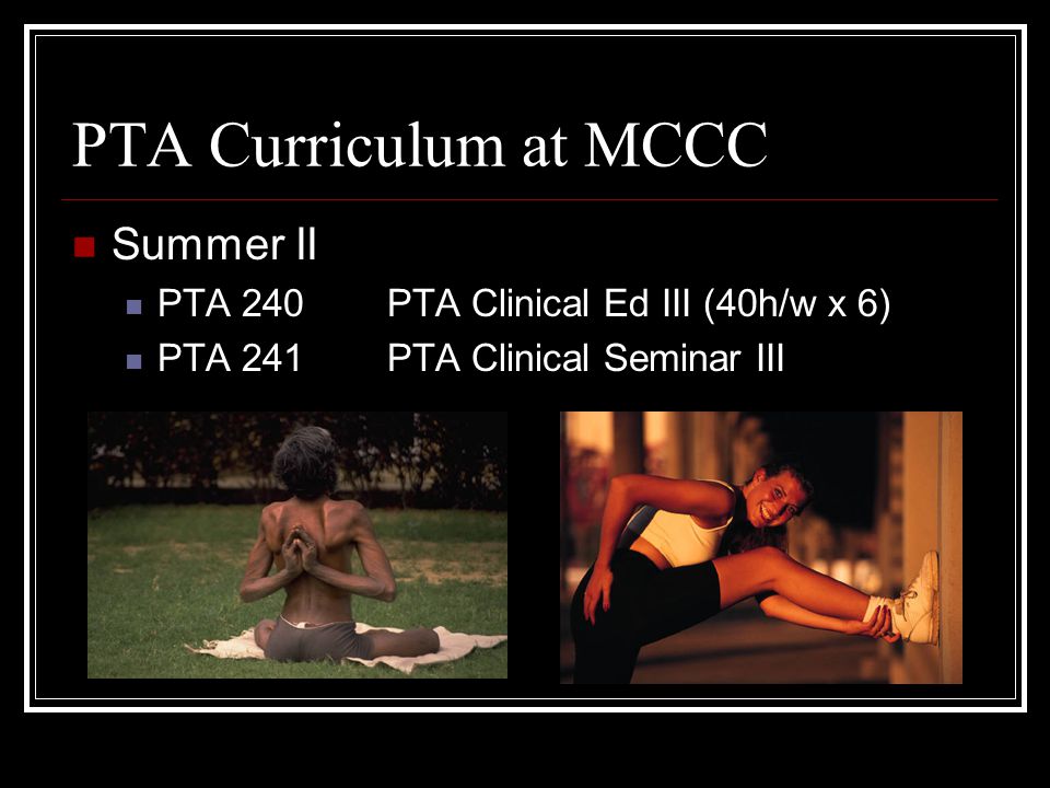 PTA Curriculum at MCCC Spring II PTA 205Motor Development PTA 212PTA Therapy Clinic PTA 230PTA Clinical Ed II (40 h/w x 5) PTA 231PTA Clinical Seminar II HPE 171Personal Fitness