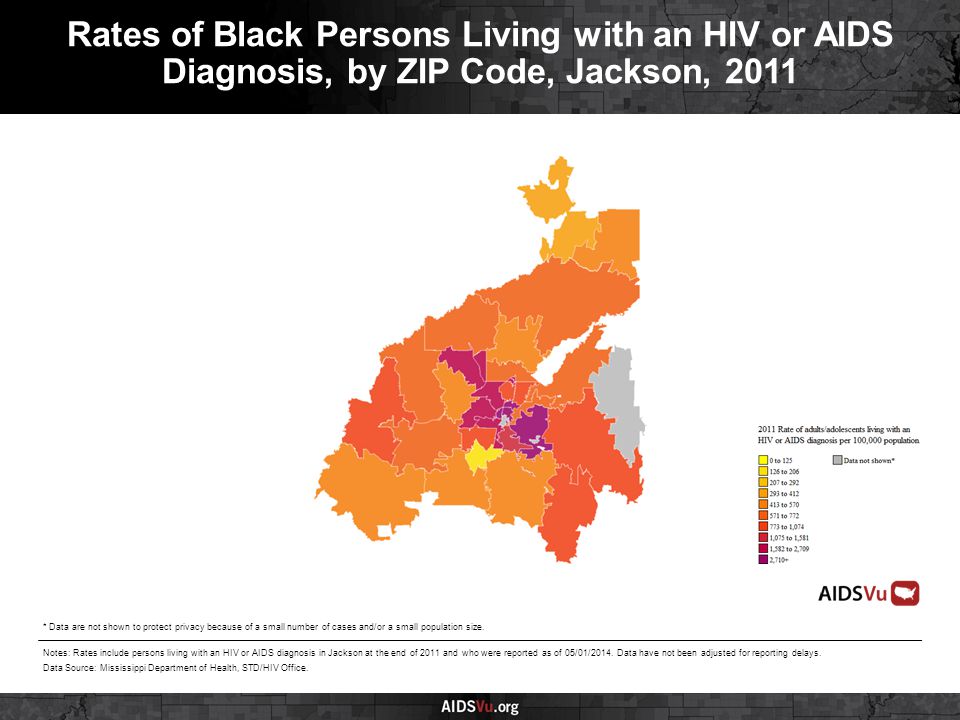 Rates of Black Persons Living with an HIV or AIDS Diagnosis, by ZIP Code, Jackson, 2011 Notes: Rates include persons living with an HIV or AIDS diagnosis in Jackson at the end of 2011 and who were reported as of 05/01/2014.