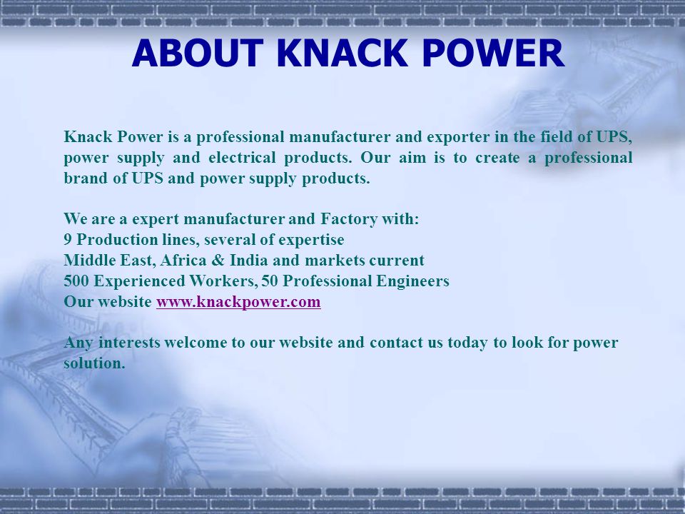 Establish a national brand of UAE, professional supplier of UPS power supply and photovoltaic products   KNACK POWER L.L.C.