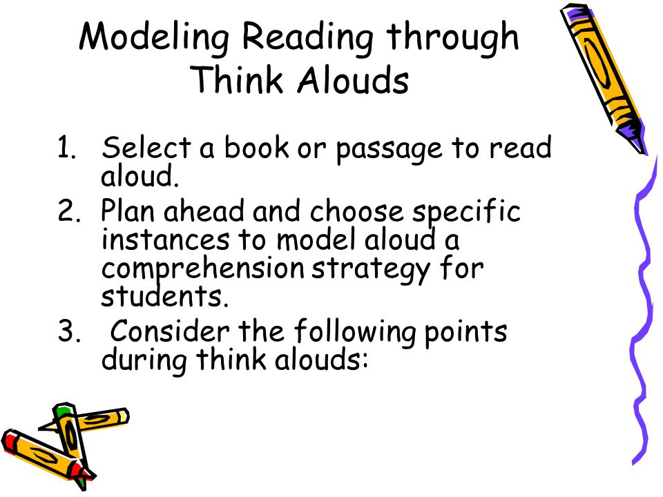 Modeling Reading through Think Alouds 1.Select a book or passage to read aloud.