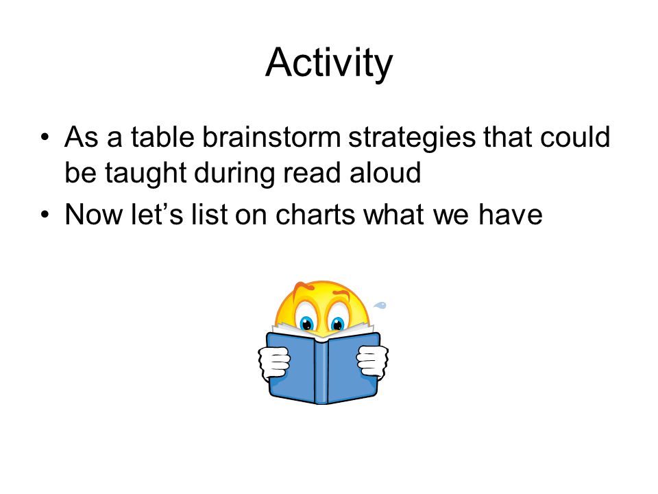Activity As a table brainstorm strategies that could be taught during read aloud Now let’s list on charts what we have