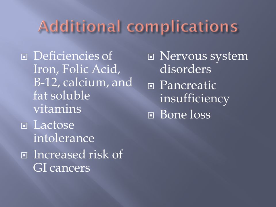  Deficiencies of Iron, Folic Acid, B-12, calcium, and fat soluble vitamins  Lactose intolerance  Increased risk of GI cancers  Nervous system disorders  Pancreatic insufficiency  Bone loss