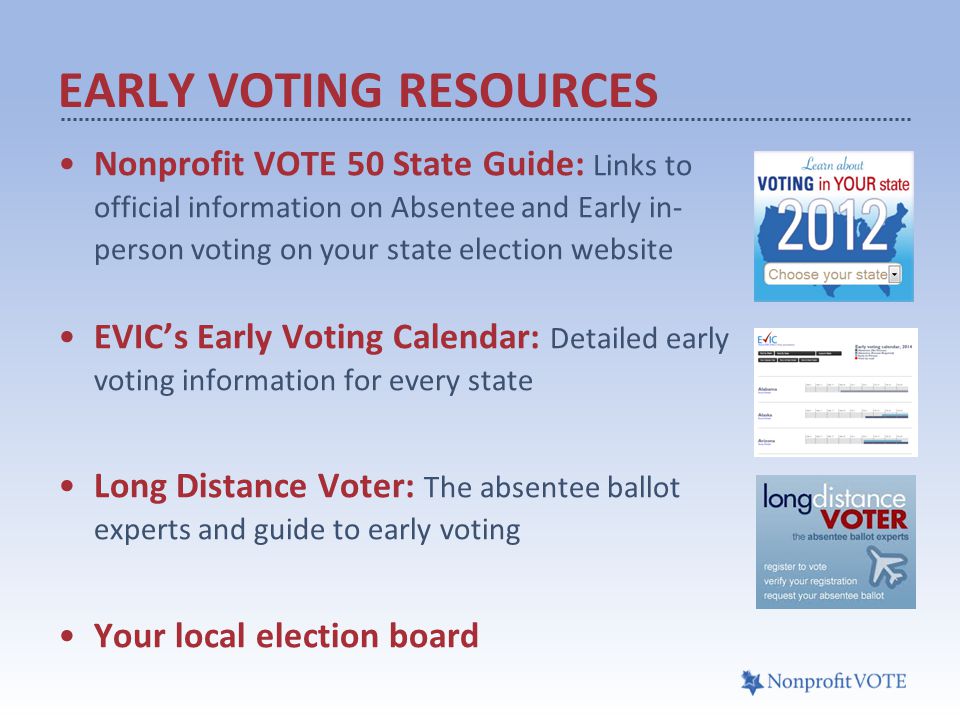 Nonprofit VOTE 50 State Guide: Links to official information on Absentee and Early in- person voting on your state election website EVIC’s Early Voting Calendar: Detailed early voting information for every state Long Distance Voter: The absentee ballot experts and guide to early voting Your local election board EARLY VOTING RESOURCES