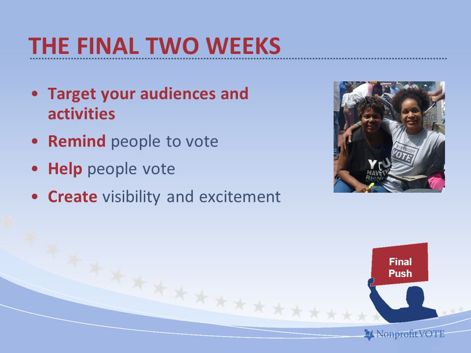 THE FINAL TWO WEEKS Target your audiences and activities Remind people to vote Help people vote Create visibility and excitement Final Push