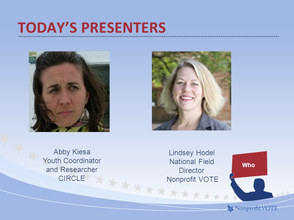 TODAY’S PRESENTERS Who Abby Kiesa Youth Coordinator and Researcher CIRCLE Lindsey Hodel National Field Director Nonprofit VOTE
