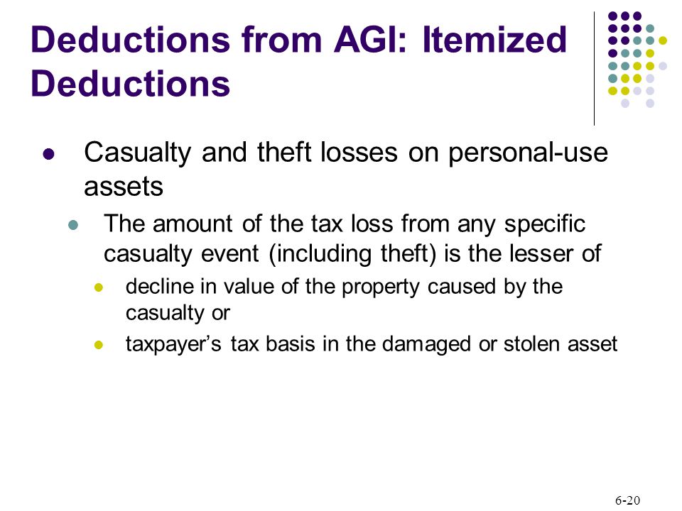 6-20 Deductions from AGI: Itemized Deductions Casualty and theft losses on personal-use assets The amount of the tax loss from any specific casualty event (including theft) is the lesser of decline in value of the property caused by the casualty or taxpayer’s tax basis in the damaged or stolen asset