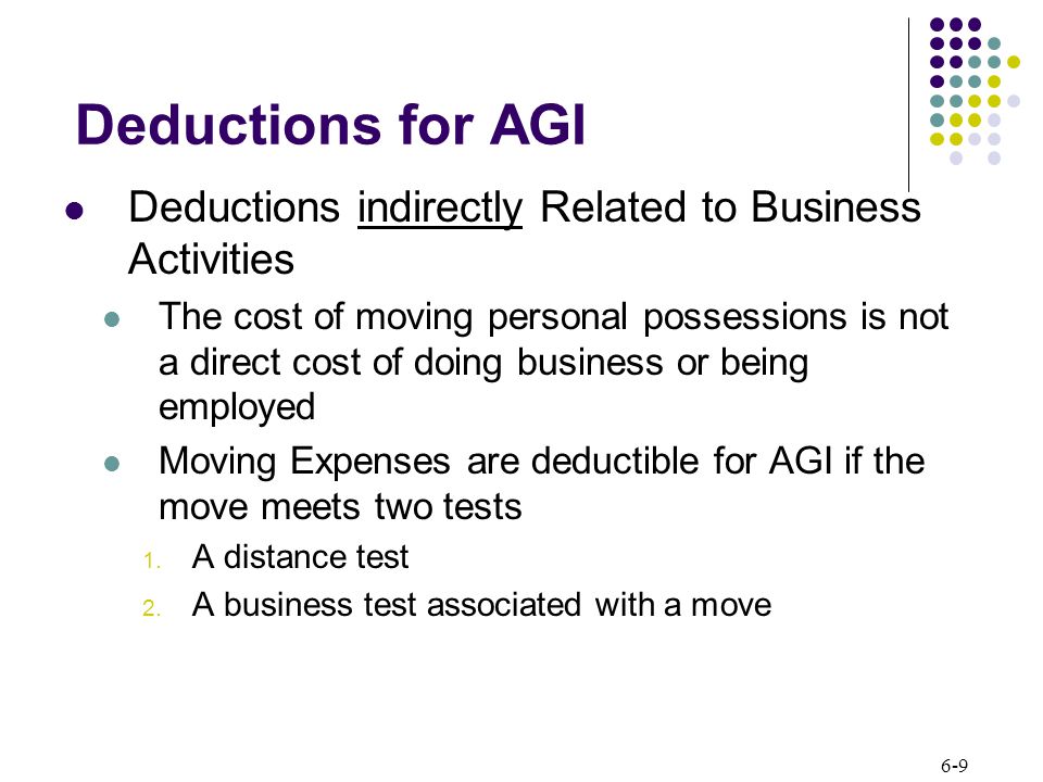 6-9 Deductions for AGI Deductions indirectly Related to Business Activities The cost of moving personal possessions is not a direct cost of doing business or being employed Moving Expenses are deductible for AGI if the move meets two tests 1.
