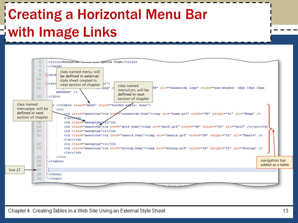 Chapter 4: Creating Tables in a Web Site Using an External Style Sheet13 Creating a Horizontal Menu Bar with Image Links