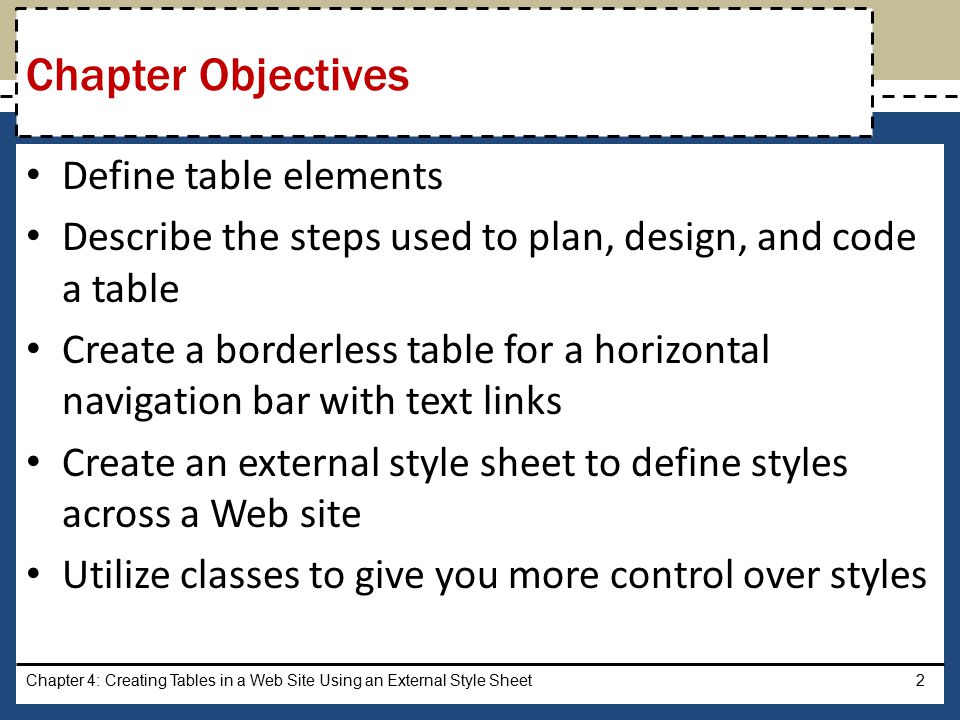 Define table elements Describe the steps used to plan, design, and code a table Create a borderless table for a horizontal navigation bar with text links Create an external style sheet to define styles across a Web site Utilize classes to give you more control over styles Chapter 4: Creating Tables in a Web Site Using an External Style Sheet2 Chapter Objectives
