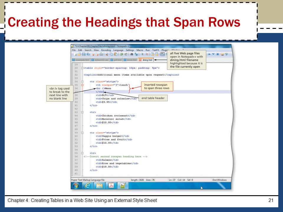 Chapter 4: Creating Tables in a Web Site Using an External Style Sheet21 Creating the Headings that Span Rows