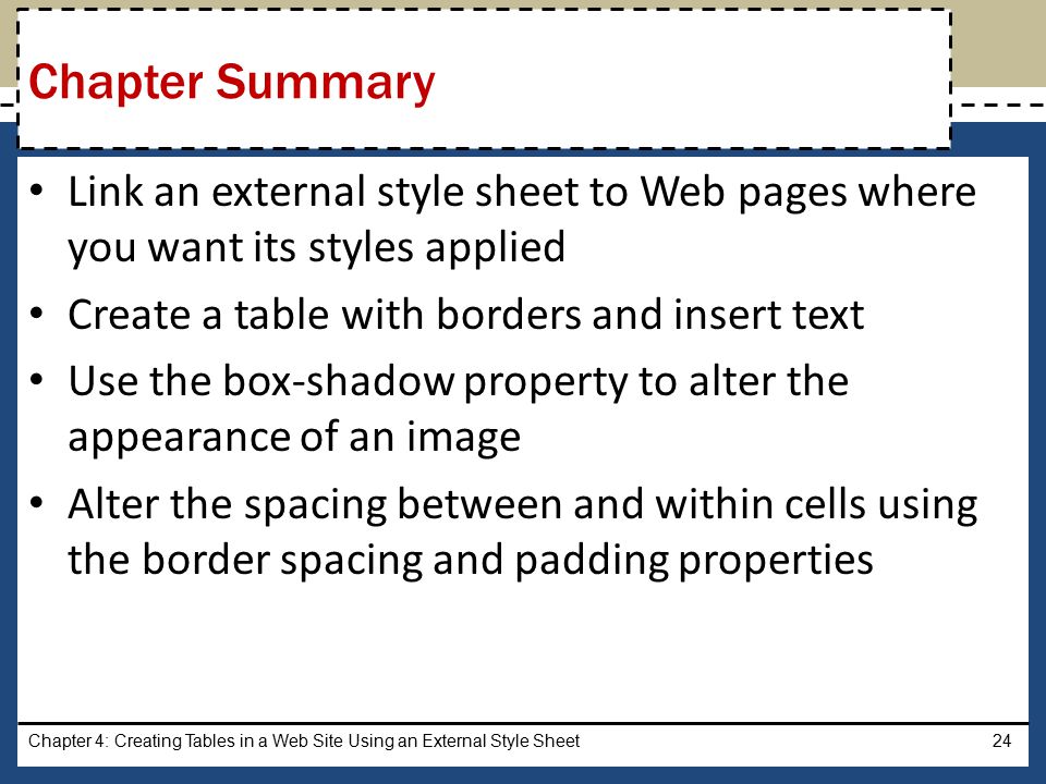 Link an external style sheet to Web pages where you want its styles applied Create a table with borders and insert text Use the box-shadow property to alter the appearance of an image Alter the spacing between and within cells using the border spacing and padding properties Chapter 4: Creating Tables in a Web Site Using an External Style Sheet24 Chapter Summary