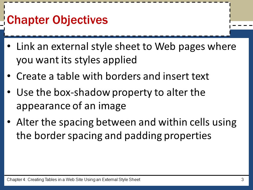 Link an external style sheet to Web pages where you want its styles applied Create a table with borders and insert text Use the box-shadow property to alter the appearance of an image Alter the spacing between and within cells using the border spacing and padding properties Chapter 4: Creating Tables in a Web Site Using an External Style Sheet3 Chapter Objectives