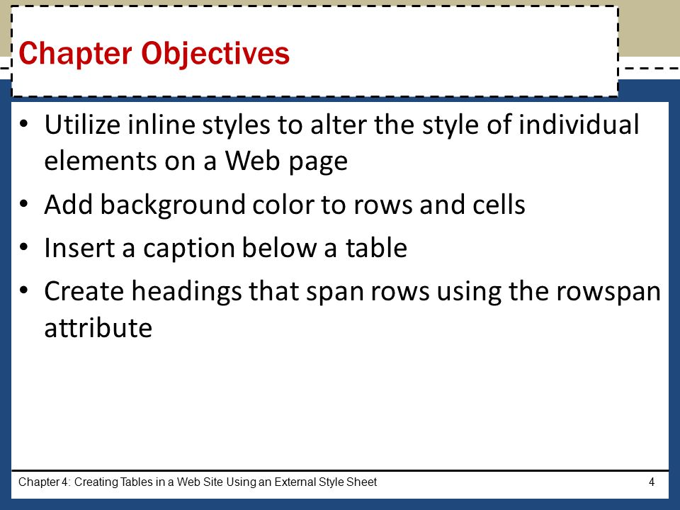 Utilize inline styles to alter the style of individual elements on a Web page Add background color to rows and cells Insert a caption below a table Create headings that span rows using the rowspan attribute Chapter 4: Creating Tables in a Web Site Using an External Style Sheet4 Chapter Objectives