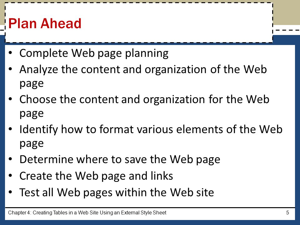 Complete Web page planning Analyze the content and organization of the Web page Choose the content and organization for the Web page Identify how to format various elements of the Web page Determine where to save the Web page Create the Web page and links Test all Web pages within the Web site Chapter 4: Creating Tables in a Web Site Using an External Style Sheet5 Plan Ahead