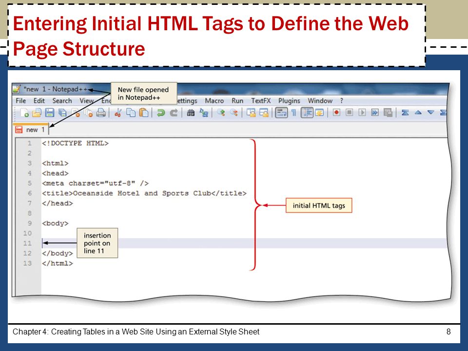 Chapter 4: Creating Tables in a Web Site Using an External Style Sheet8 Entering Initial HTML Tags to Define the Web Page Structure