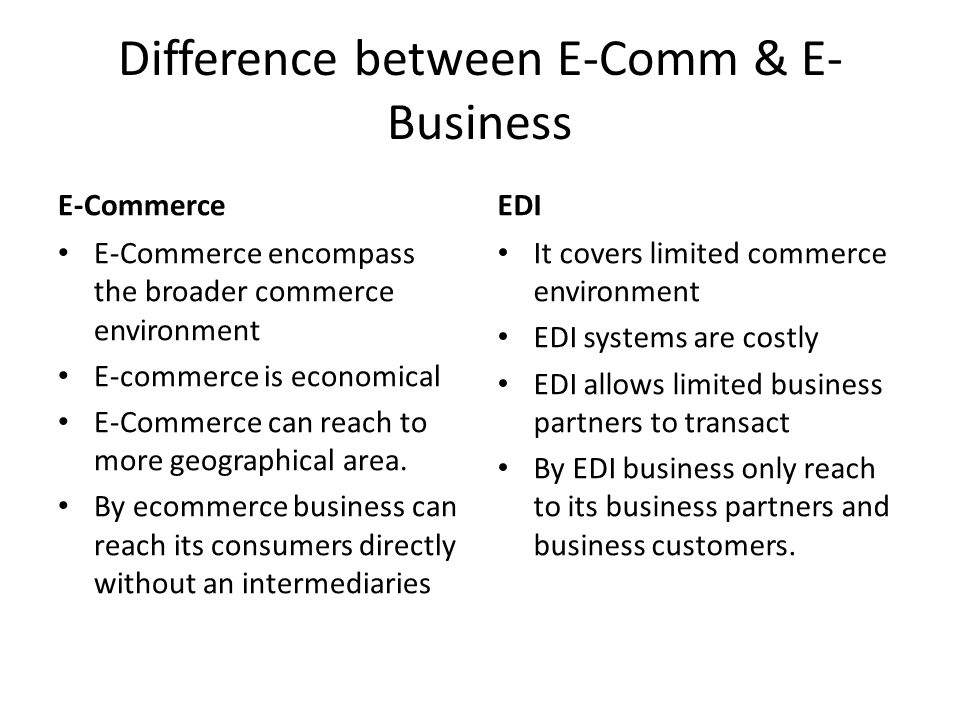 Difference between E-Comm & E- Business E-Commerce E-Commerce encompass the broader commerce environment E-commerce is economical E-Commerce can reach to more geographical area.