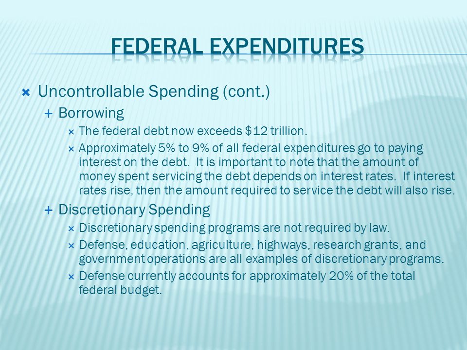  Uncontrollable Spending (cont.)  Borrowing  The federal debt now exceeds $12 trillion.