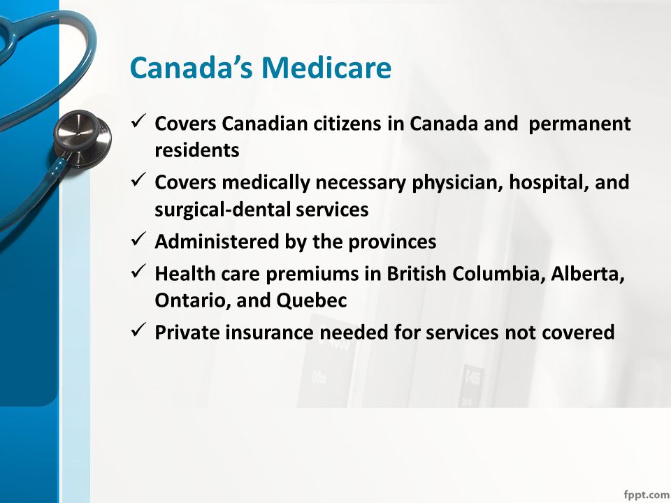Canada’s Medicare Covers Canadian citizens in Canada and permanent residents Covers medically necessary physician, hospital, and surgical-dental services Administered by the provinces Health care premiums in British Columbia, Alberta, Ontario, and Quebec Private insurance needed for services not covered