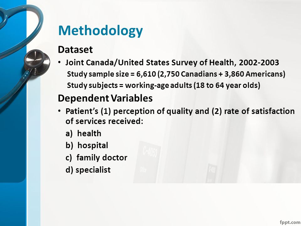 Methodology Dataset Joint Canada/United States Survey of Health, Study sample size = 6,610 (2,750 Canadians + 3,860 Americans) Study subjects = working-age adults (18 to 64 year olds) Dependent Variables Patient’s (1) perception of quality and (2) rate of satisfaction of services received: a) health b) hospital c) family doctor d) specialist
