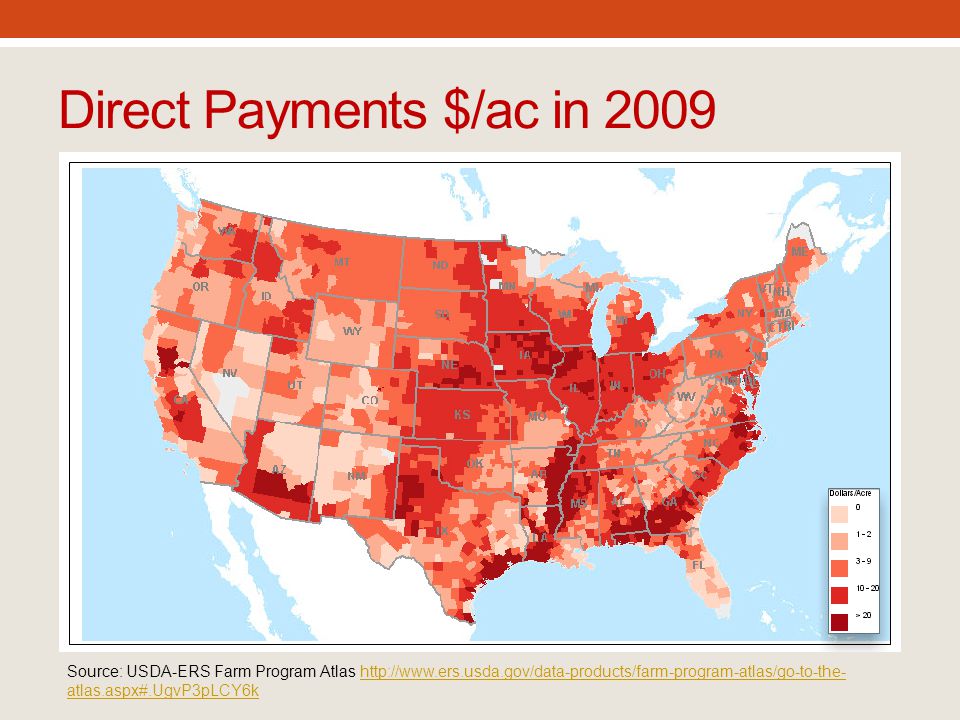 Direct Payments $/ac in 2009 Source: USDA-ERS Farm Program Atlas   atlas.aspx#.UgvP3pLCY6khttp://  atlas.aspx#.UgvP3pLCY6k
