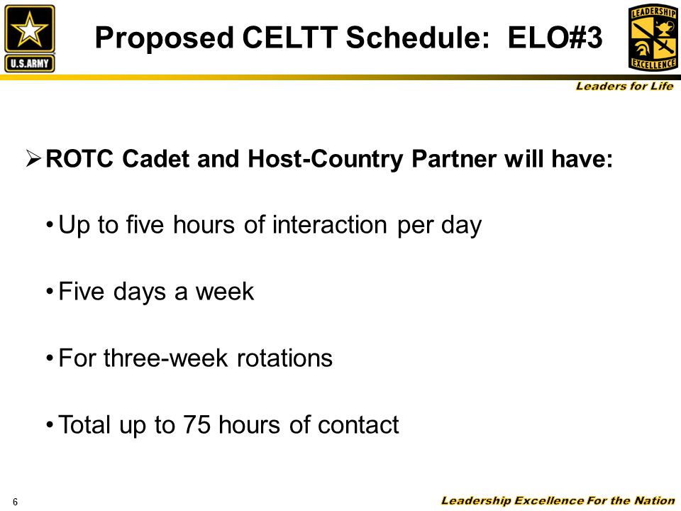 6  ROTC Cadet and Host-Country Partner will have: Up to five hours of interaction per day Five days a week For three-week rotations Total up to 75 hours of contact Proposed CELTT Schedule: ELO#3