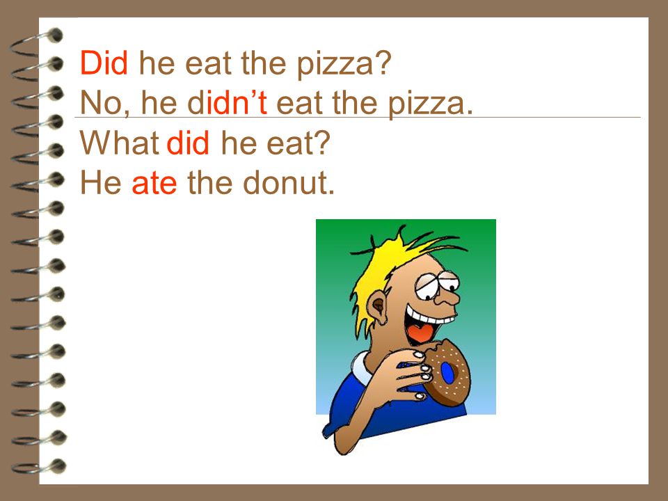 Did he eat the pizza No, he didn’t eat the pizza. What did he eat He ate the donut.