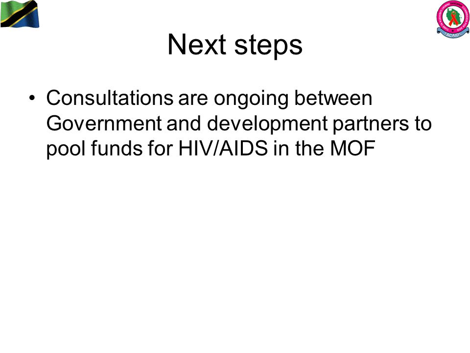 Next steps Consultations are ongoing between Government and development partners to pool funds for HIV/AIDS in the MOF